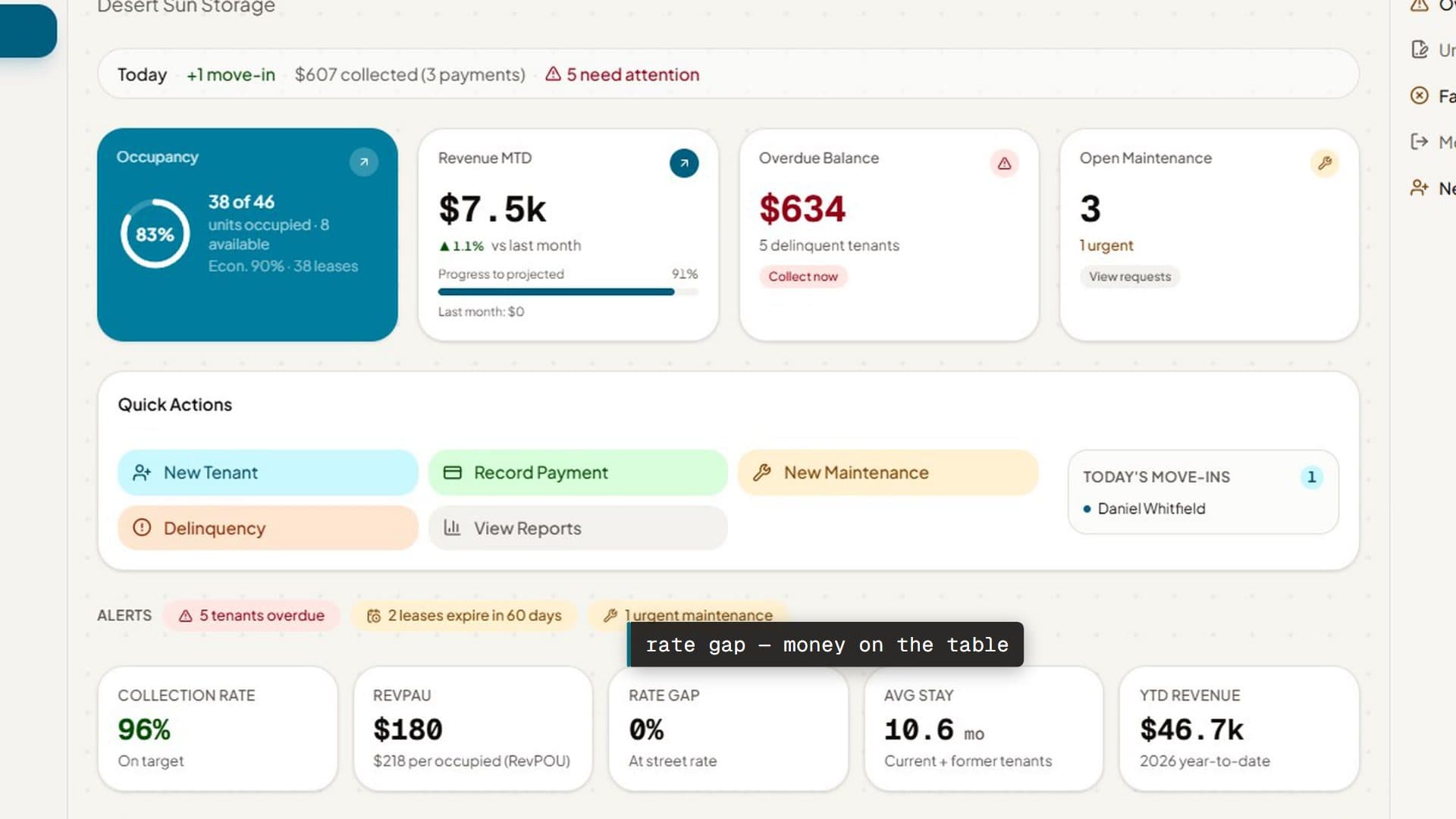 Brynlock dashboard: occupancy ring, revenue KPIs, move activity, and color-coded facility map